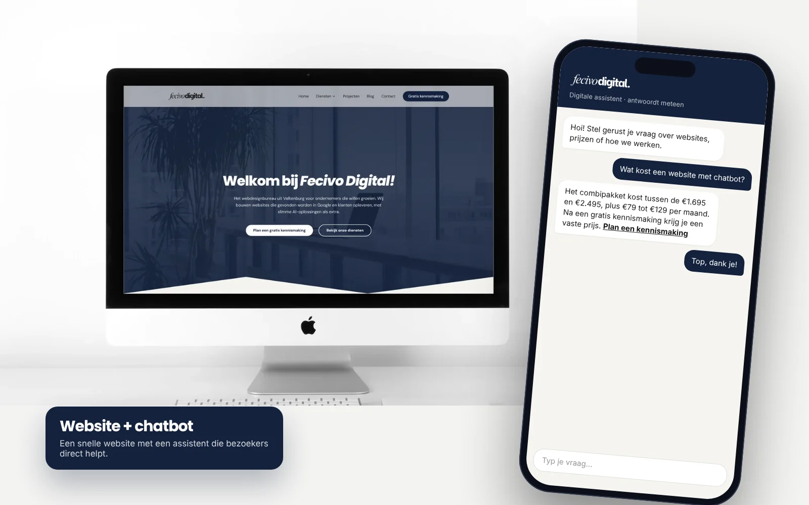 iMac met de website van Fecivo Digital en een telefoon met de chatbot die een vraag beantwoordt